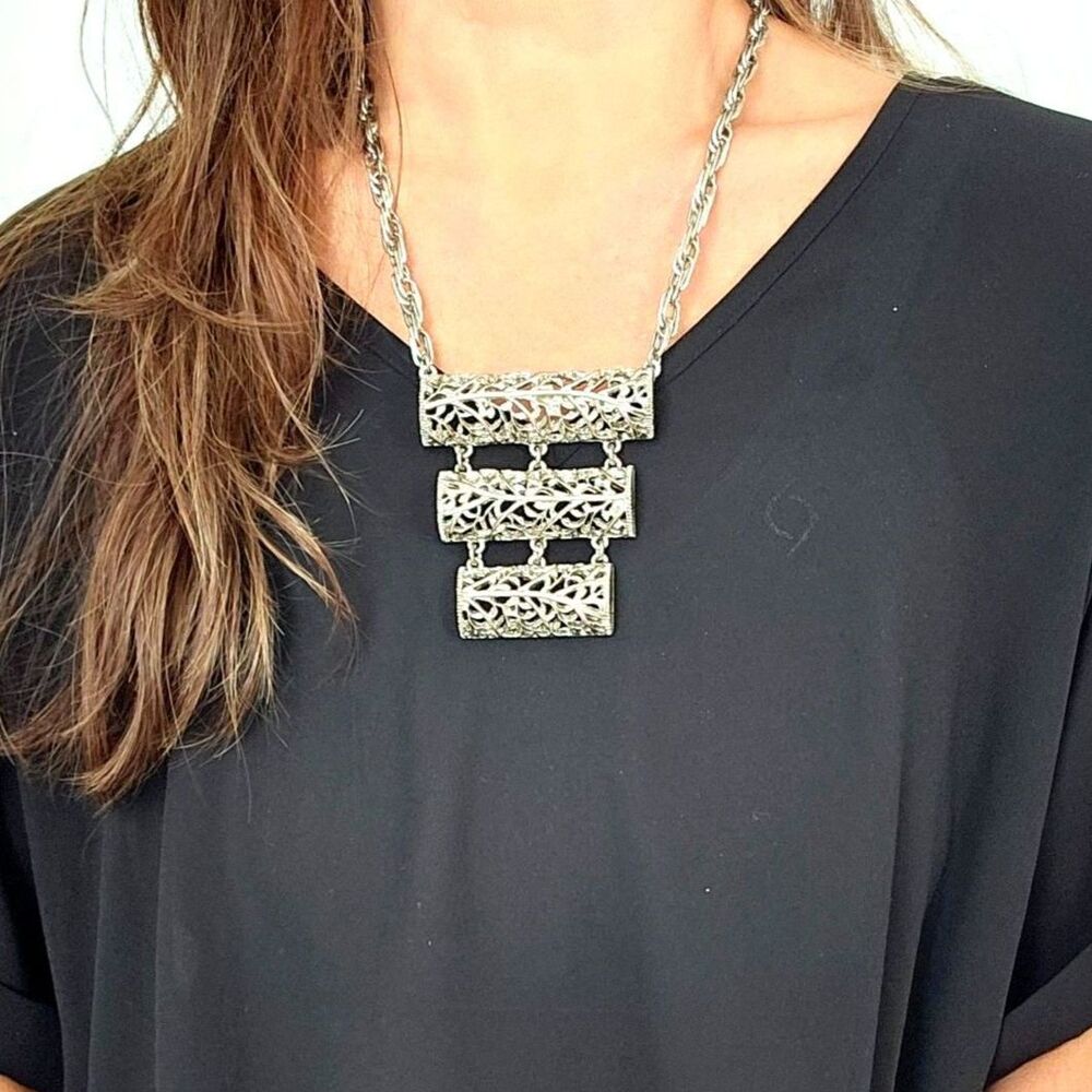 VTG LUCIEN PICCARD Silver Vine Floral Filigree Statement Necklace Large